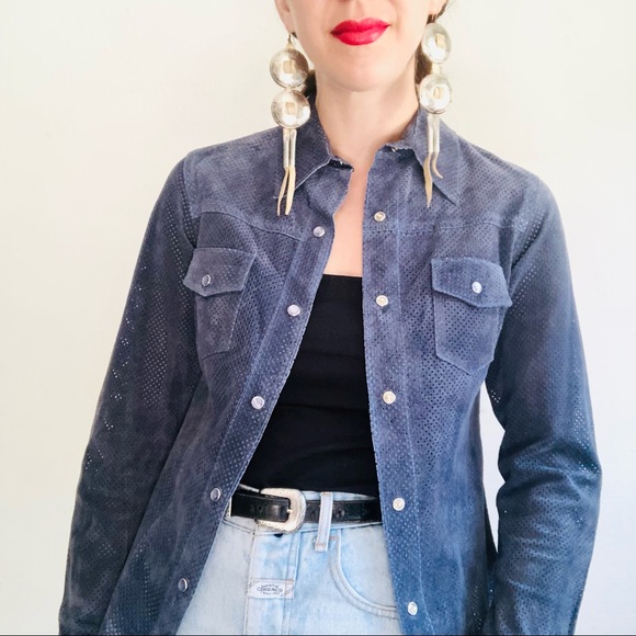 🔥SOLD🔥90s VTG 100% Suede Mesh Gray Western Cowgirl Long Sleeve Button Down - Picture 4 of 11